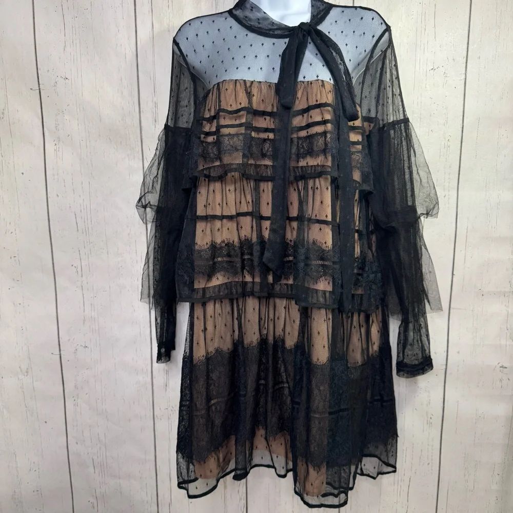 Gianni Bini Black Lace Sheer Tiered Ruffle Midi Dress Romantic Goth Whimsigoth